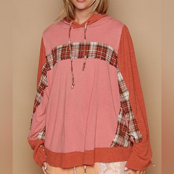 POL USA Oversized Drawstring Long Sleeve Hoodie Plaid Detail Button Sleeve sz La - Picture 6 of 7